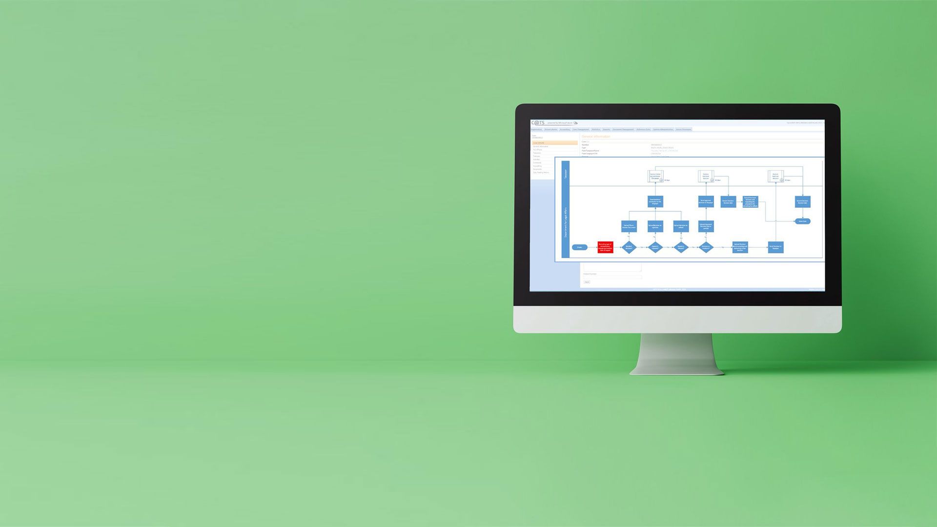 Flussdiagramm mit blauen und roten Kästchen auf einem Computerbildschirm vor grünem Hintergrund