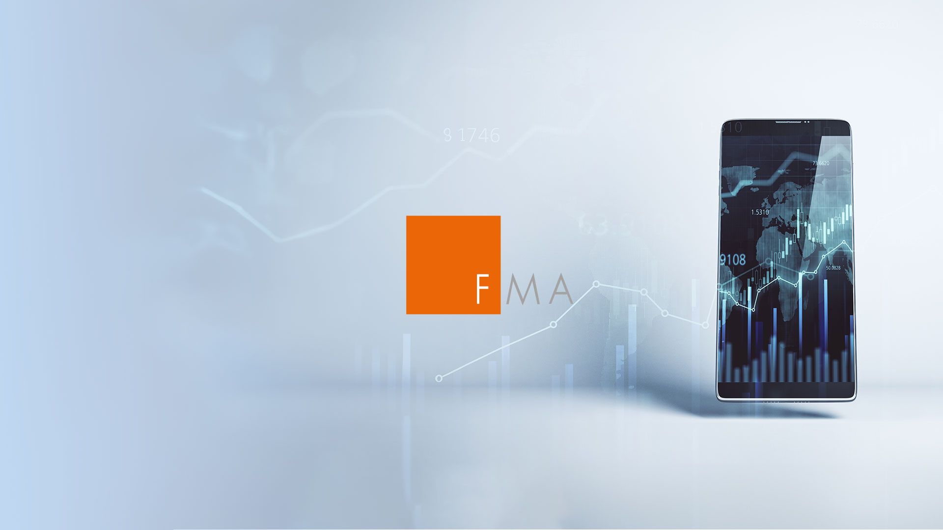Modernes Hintergrundbild mit einem Smartphone, das Finanzdaten anzeigt, und einem FMA-Logo im Vordergrund