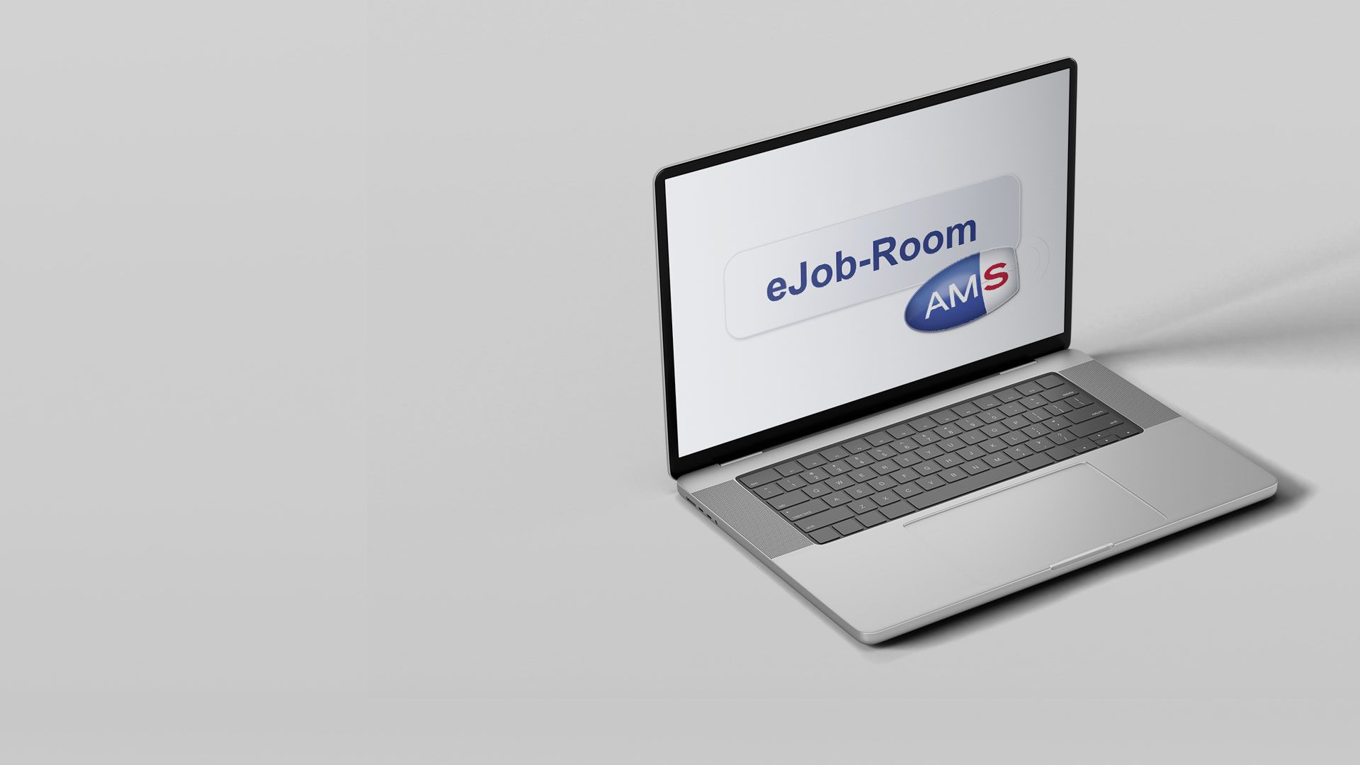 Offener Laptop auf grauem Hintergrund, auf dem Bildschirm ist das Logo des AMS eJob-Rooms zu sehen.