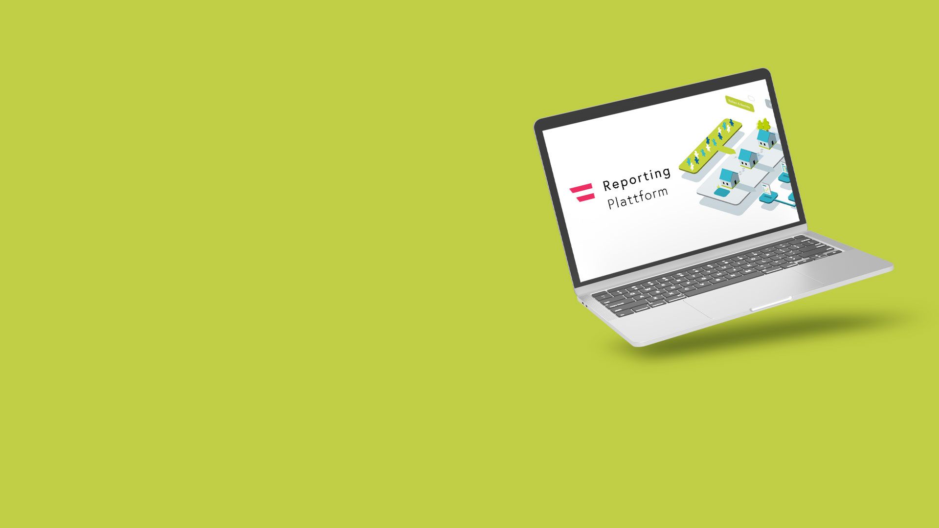 Laptop mit geöffneter Anzeige der Reporting Plattform, umgeben von kleinen 3D-Illustrationen auf grünem Hintergrund