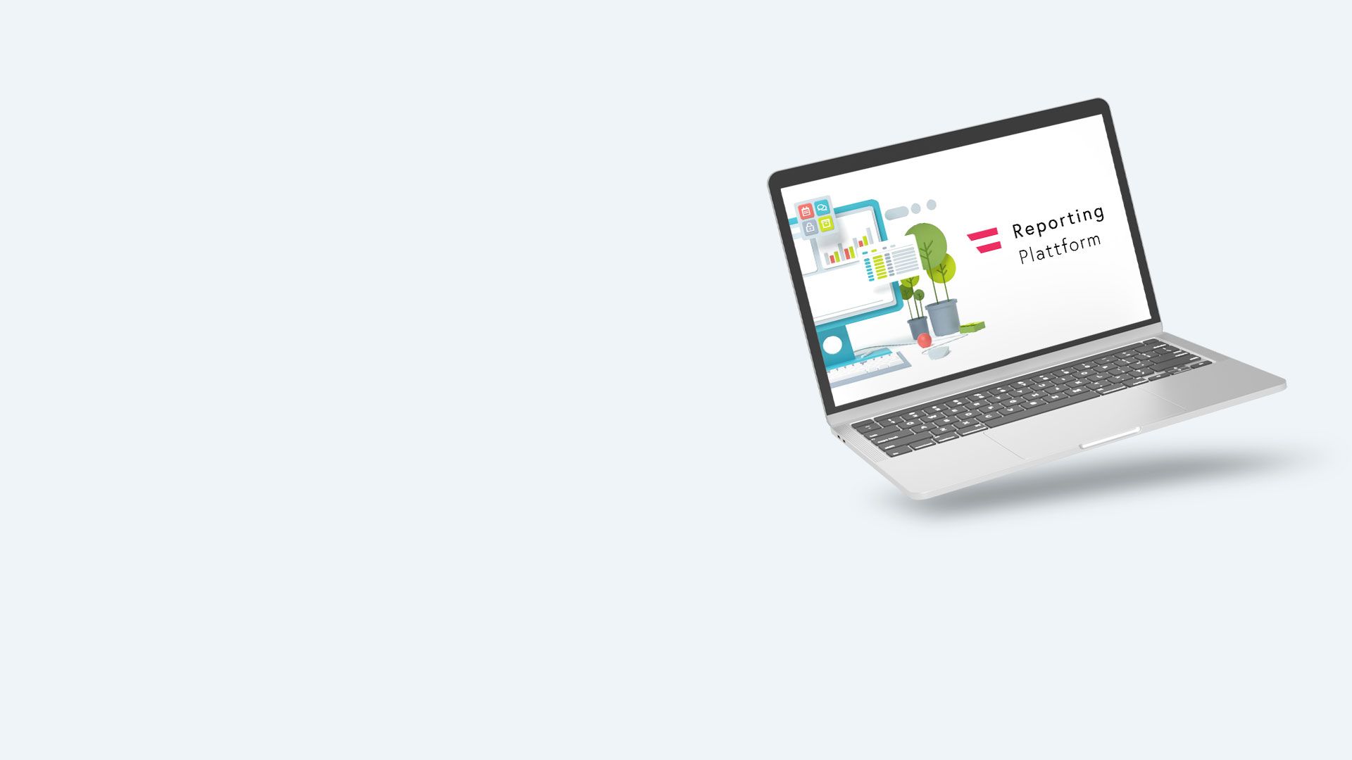Laptop mit geöffneter Anzeige der Reporting Plattform, umgeben von kleinen 3D-Illustrationen auf grauem Hintergrund