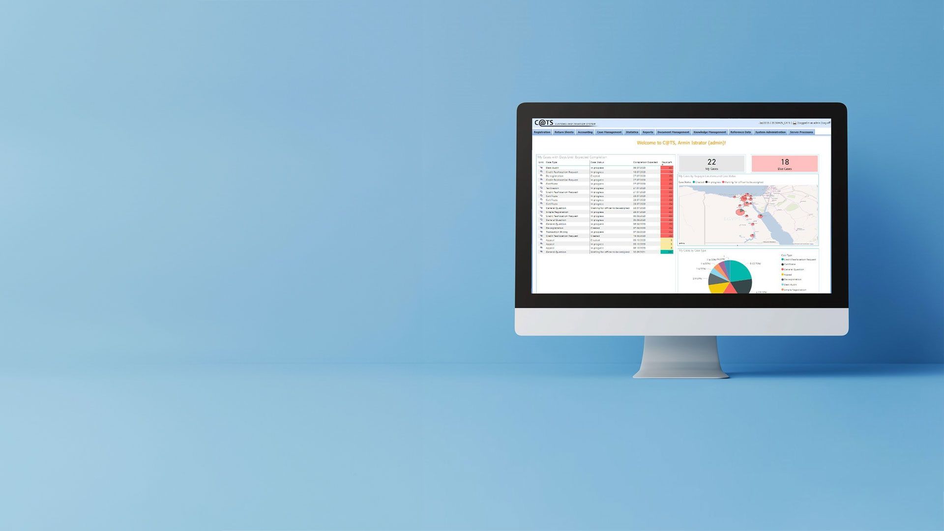 Computerbildschirm zeigt Steuerverwaltungs-Dashboard mit Tabellen, Karten und Tortendiagramm zur Überwachung von Steuerdaten
