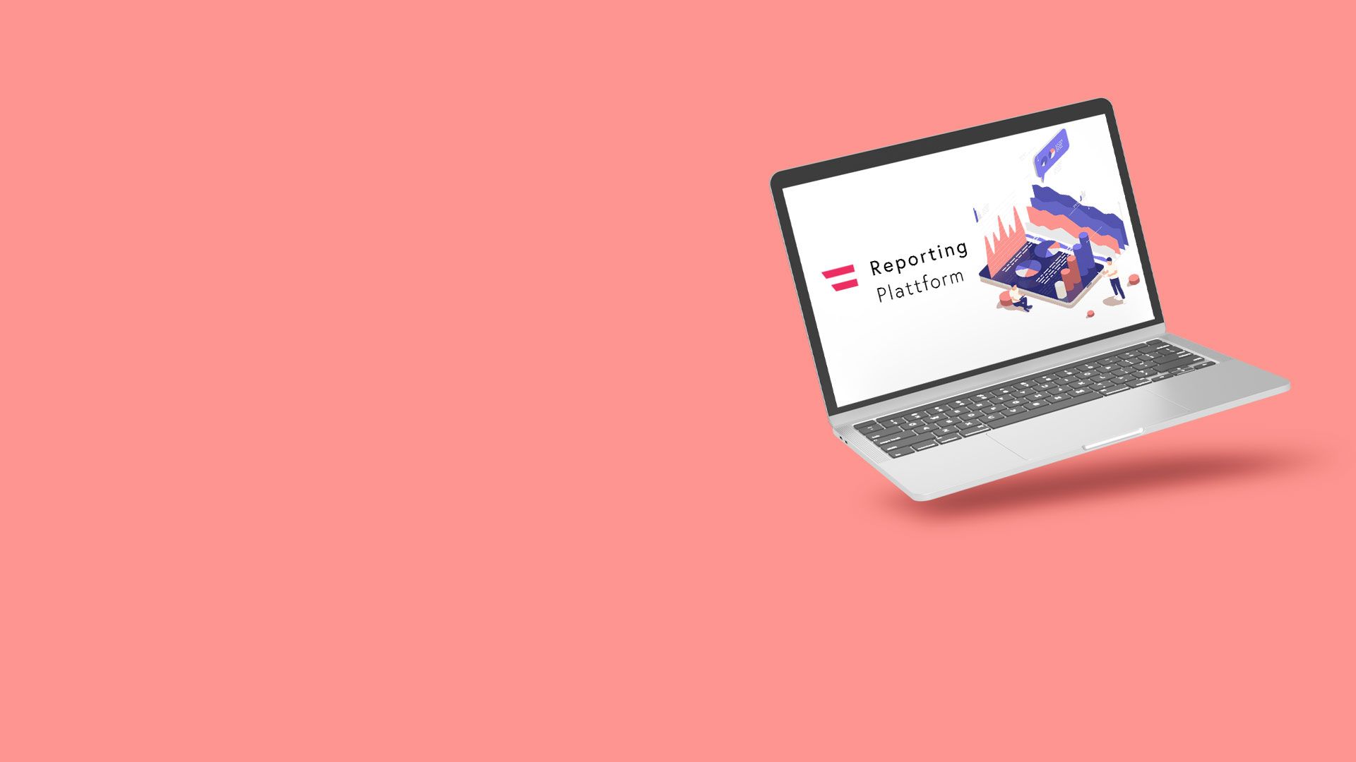 Laptop mit geöffneter Anzeige der Reporting Plattform, umgeben von kleinen 3D-Illustrationen auf Rosa Hintergrund