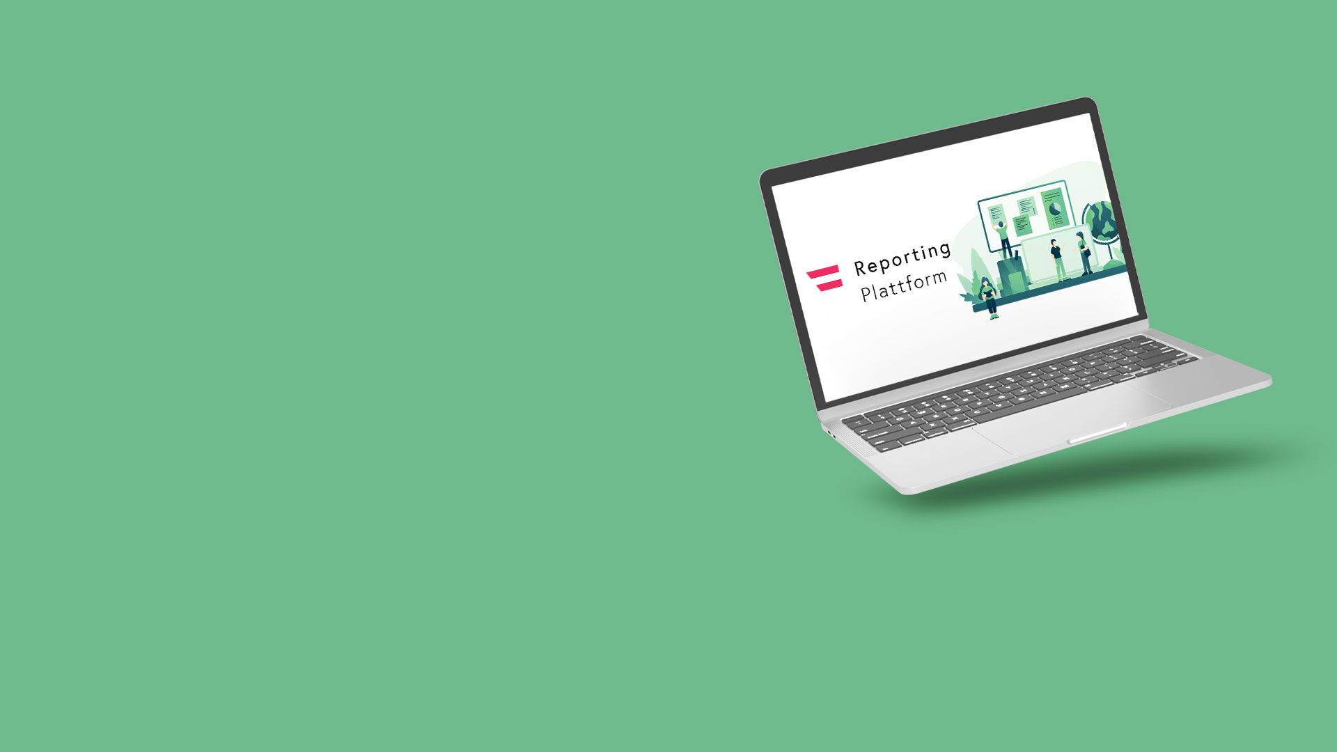 Laptop mit geöffneter Anzeige der Reporting Plattform, umgeben von kleinen 3D-Illustrationen auf grünem Hintergrund