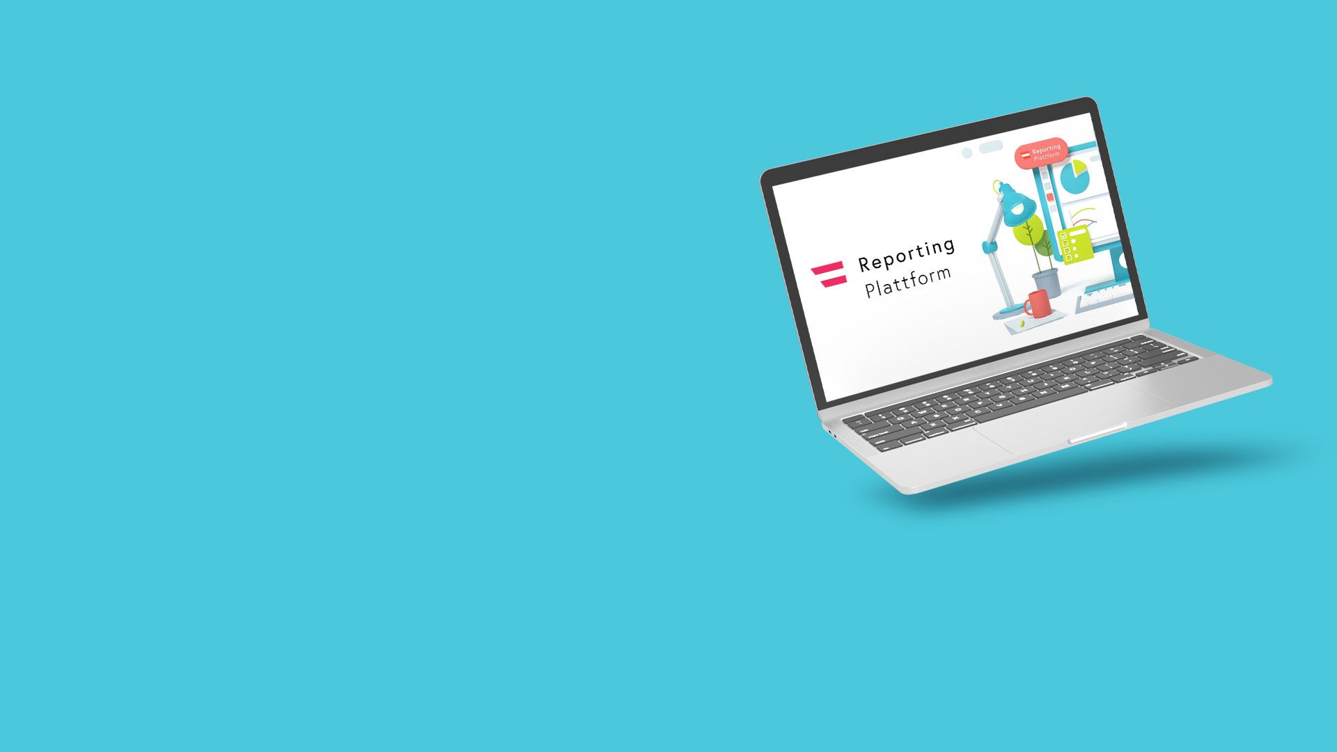 Laptop mit geöffneter Anzeige der Reporting Plattform, umgeben von kleinen 3D-Illustrationen auf türkisem Hintergrund