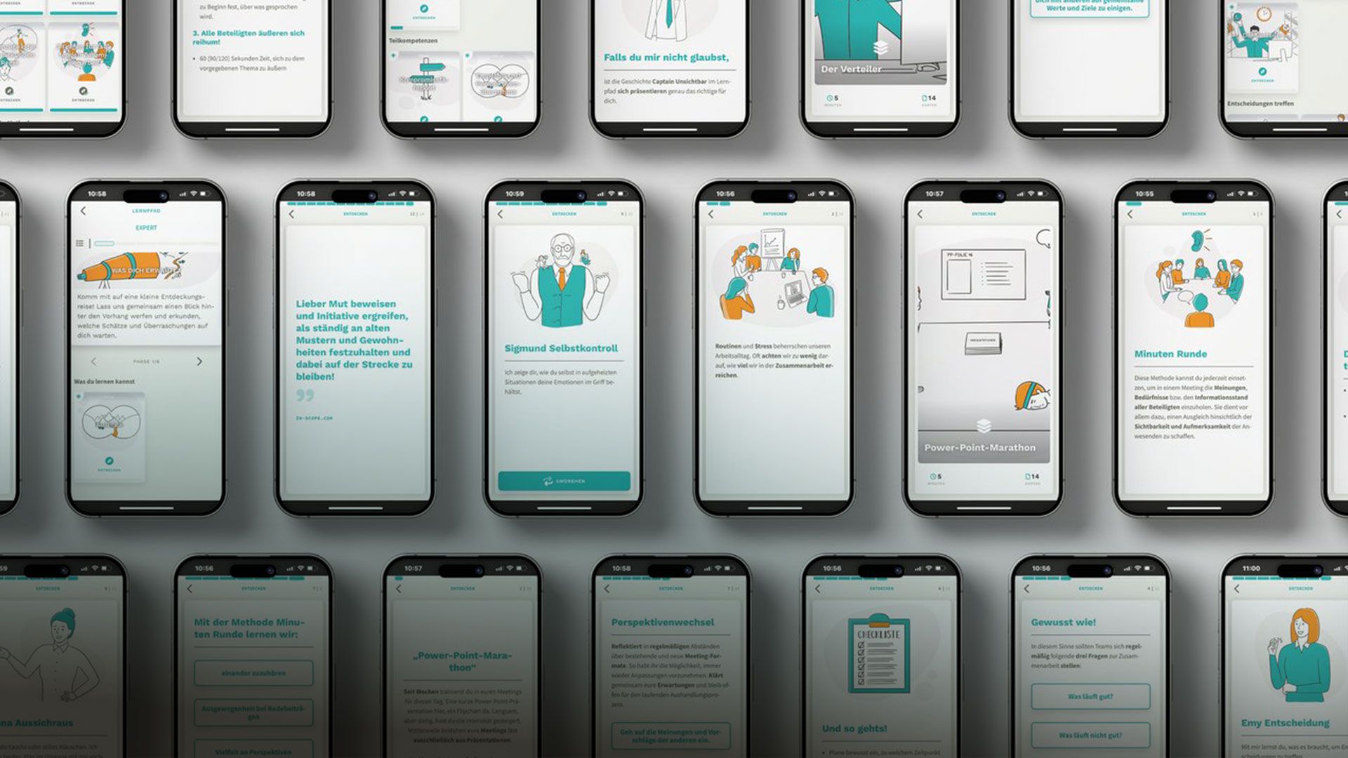 Mehrere Smartphones zeigen verschiedene Bildschirme einer App mit Texten, Illustrationen und Diagrammen zur Selbstkontrolle.