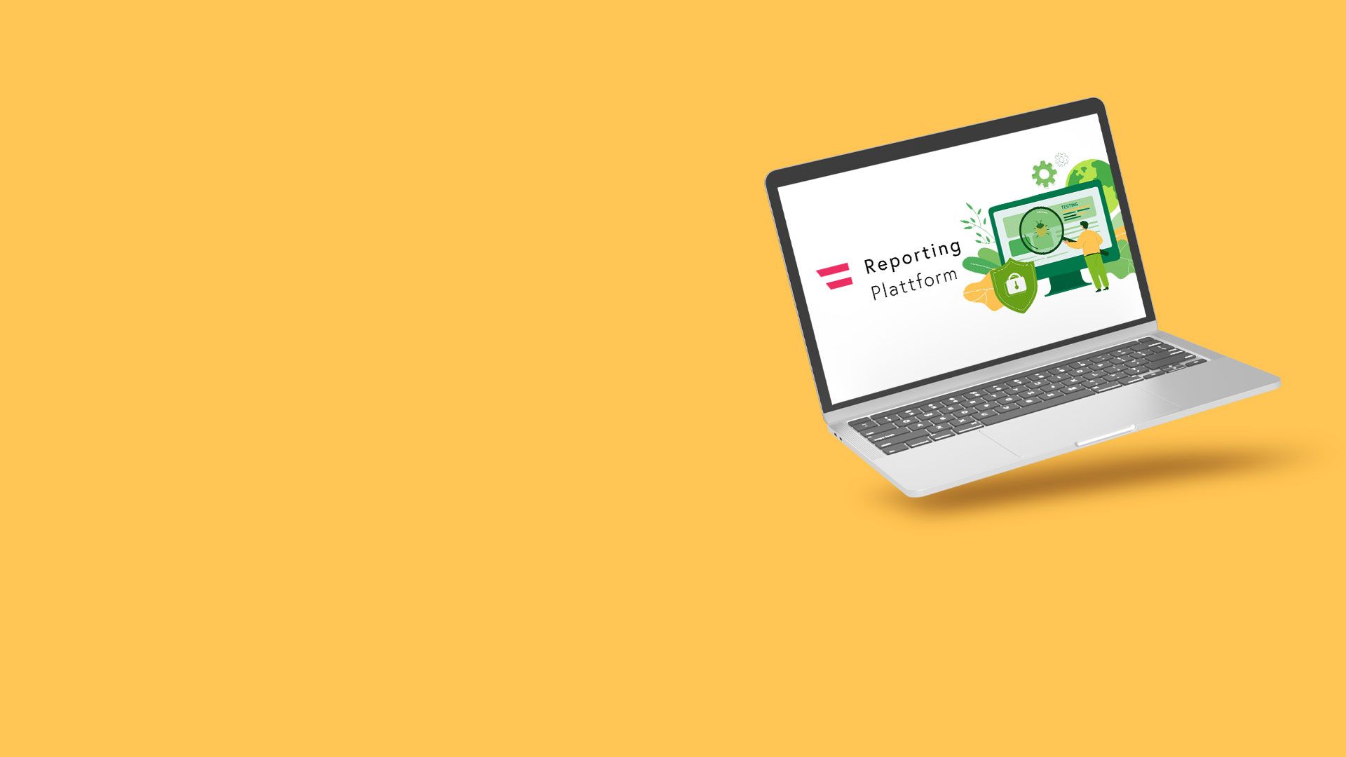 Laptop mit geöffneter Anzeige der Reporting Plattform, umgeben von kleinen 3D-Illustrationen auf gelbem Hintergrund