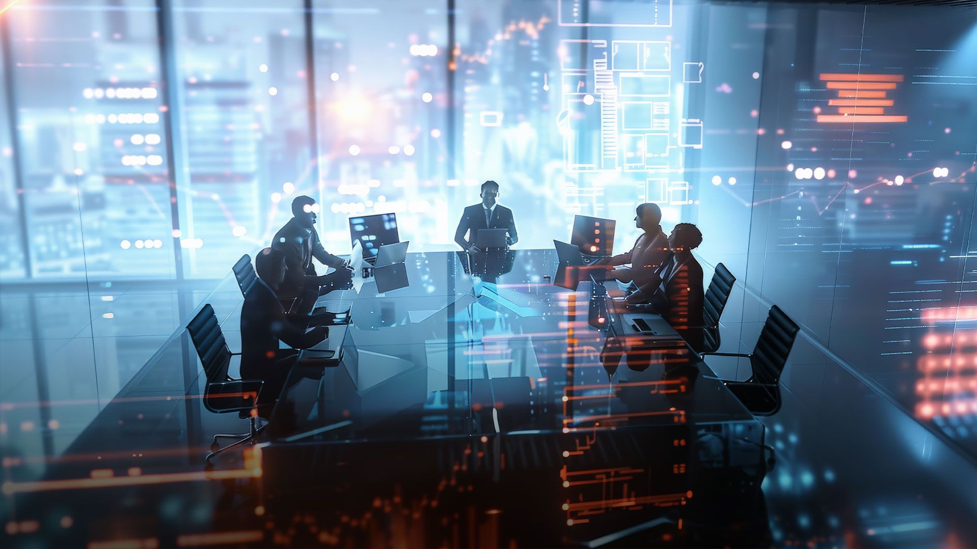 Geschäftsleute in einem modernen Konferenzraum bei einer Besprechung mit digitalen Datenprojektionen im Hintergrund
