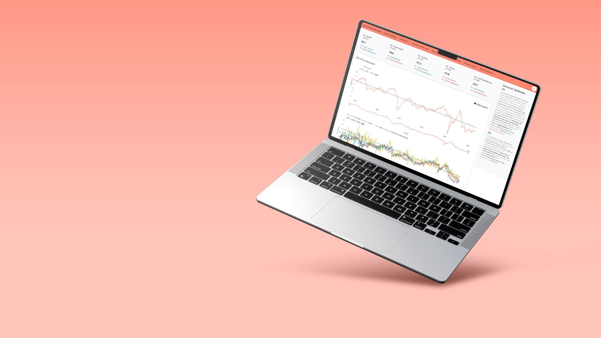 Ein silbernes Laptop zeigt ein Datendashboard mit Linien- und Balkendiagrammen sowie Textinformationen auf dem Bildschirm