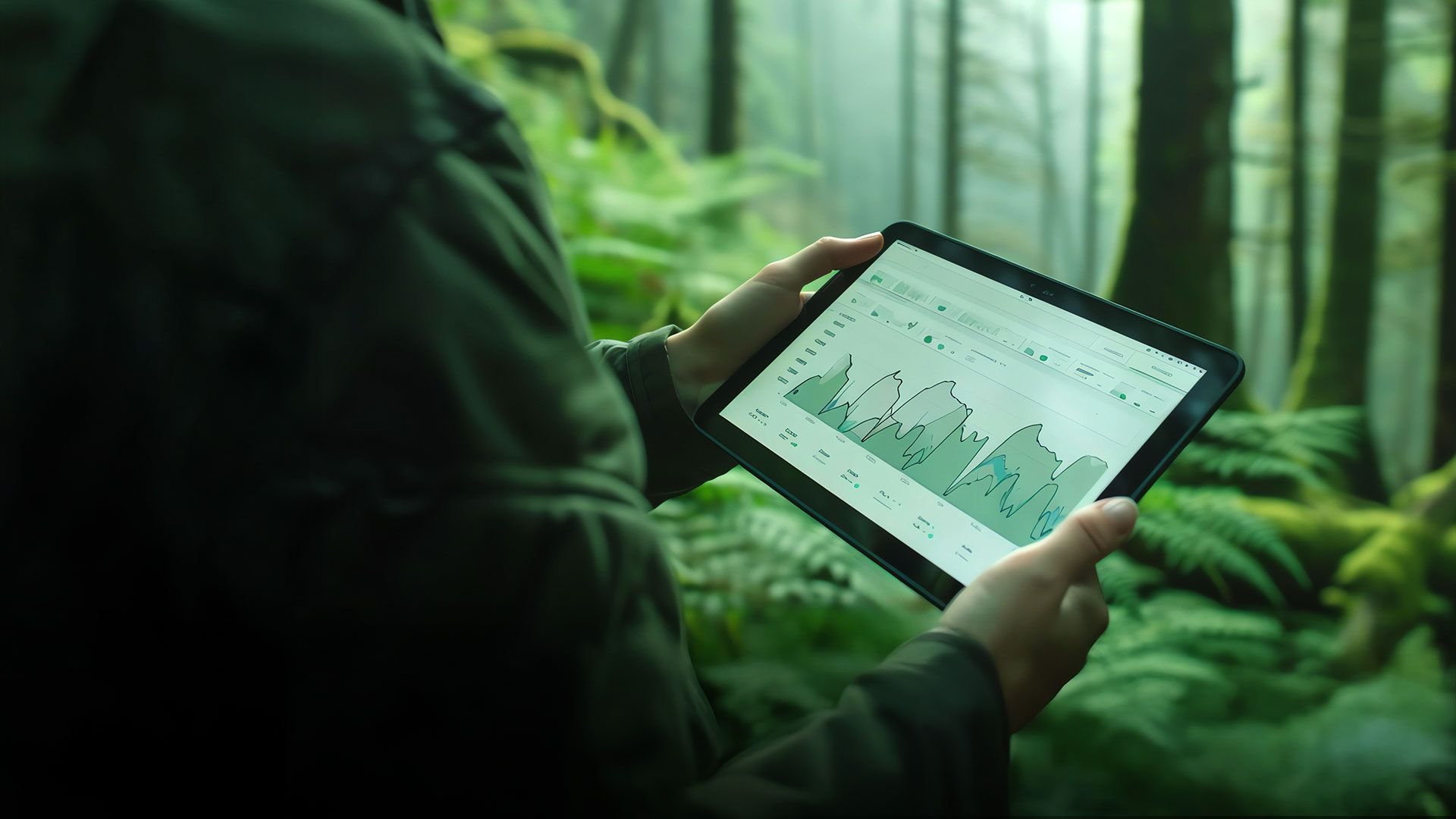 Person hält Tablet mit Diagrammen und Daten in einem grünen Wald