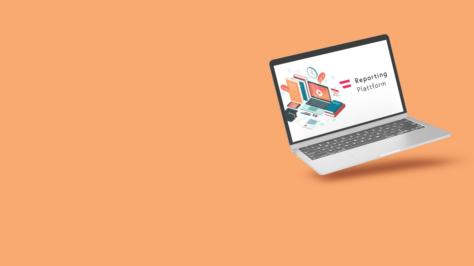 Laptop mit geöffneter Anzeige der Reporting Plattform, umgeben von kleinen 3D-Illustrationen auf orangenem Hintergrund