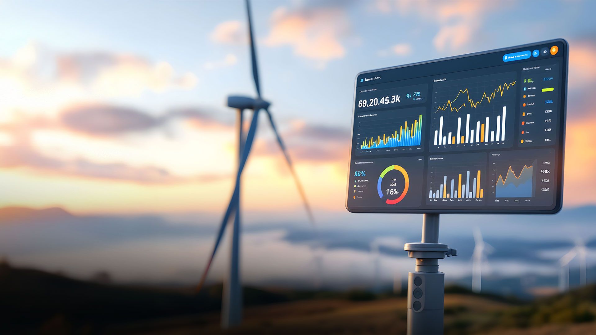 Windkraftanlage vor Sonnenuntergang mit digitalem Dashboard, das Energieerzeugung und Leistungsdaten anzeigt