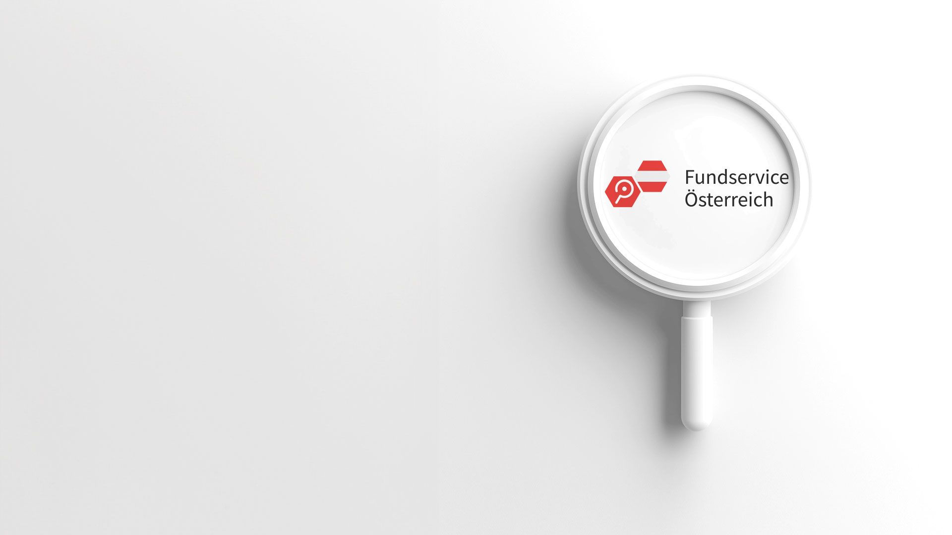 Lupe mit dem Logo und Schriftzug 'Fundservice Österreich' auf weißem Hintergrund