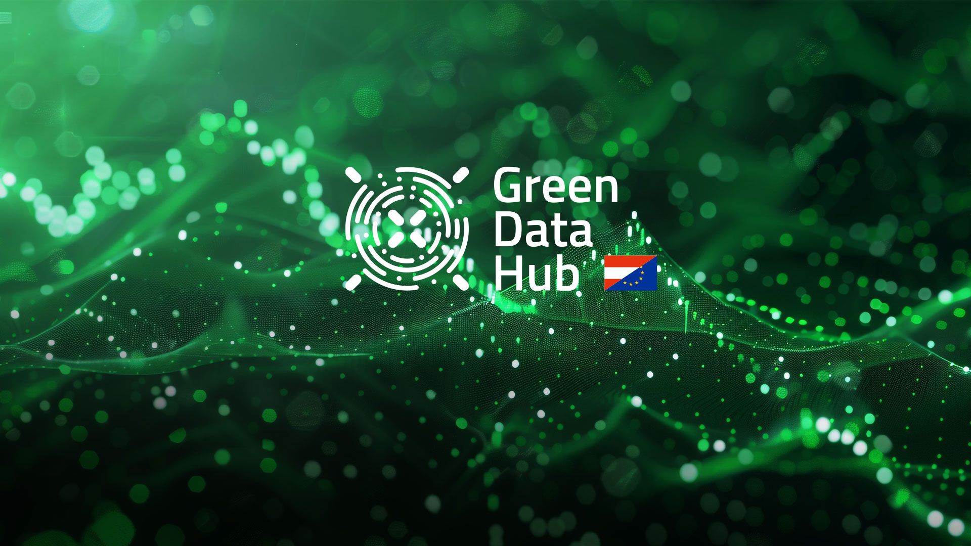 Logo von Green Data Hub mit stilisiertem Netzwerk-Symbol vor grünem, digitalem Hintergrund