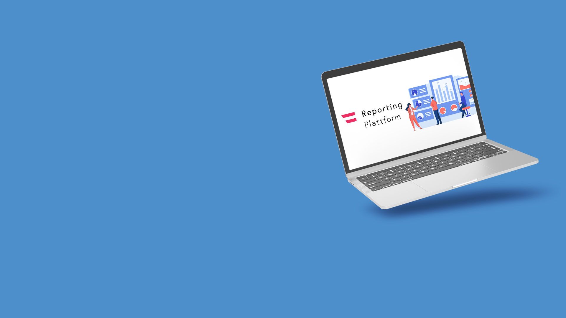 Laptop mit geöffneter Anzeige der Reporting Plattform, umgeben von kleinen 3D-Illustrationen auf blauem Hintergrund