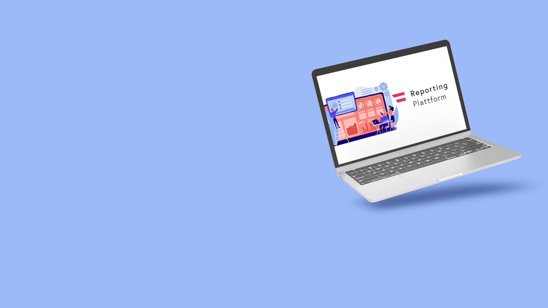 Laptop mit geöffneter Anzeige der Reporting Plattform, umgeben von kleinen 3D-Illustrationen auf hellblauem Hintergrund