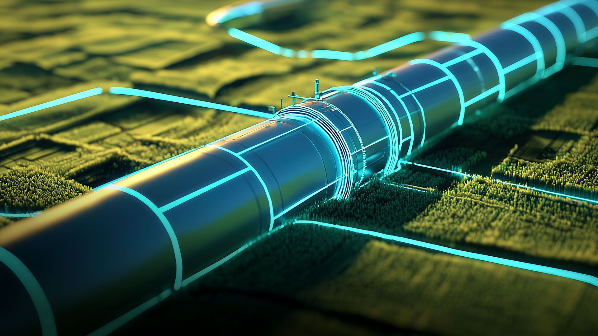 Digitale Darstellung einer Pipeline mit leuchtenden blauen Linien auf einer grünen Landschaft