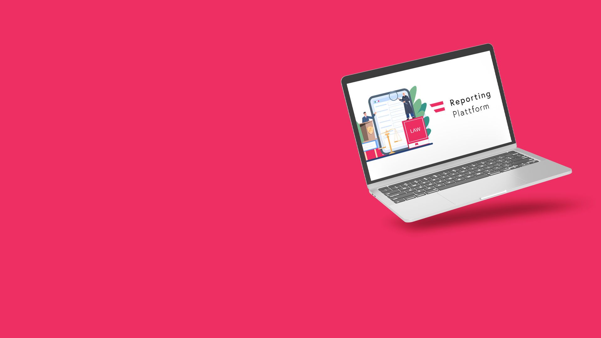 Laptop mit geöffneter Anzeige der Reporting Plattform, umgeben von kleinen 3D-Illustrationen auf pinkem Hintergrund