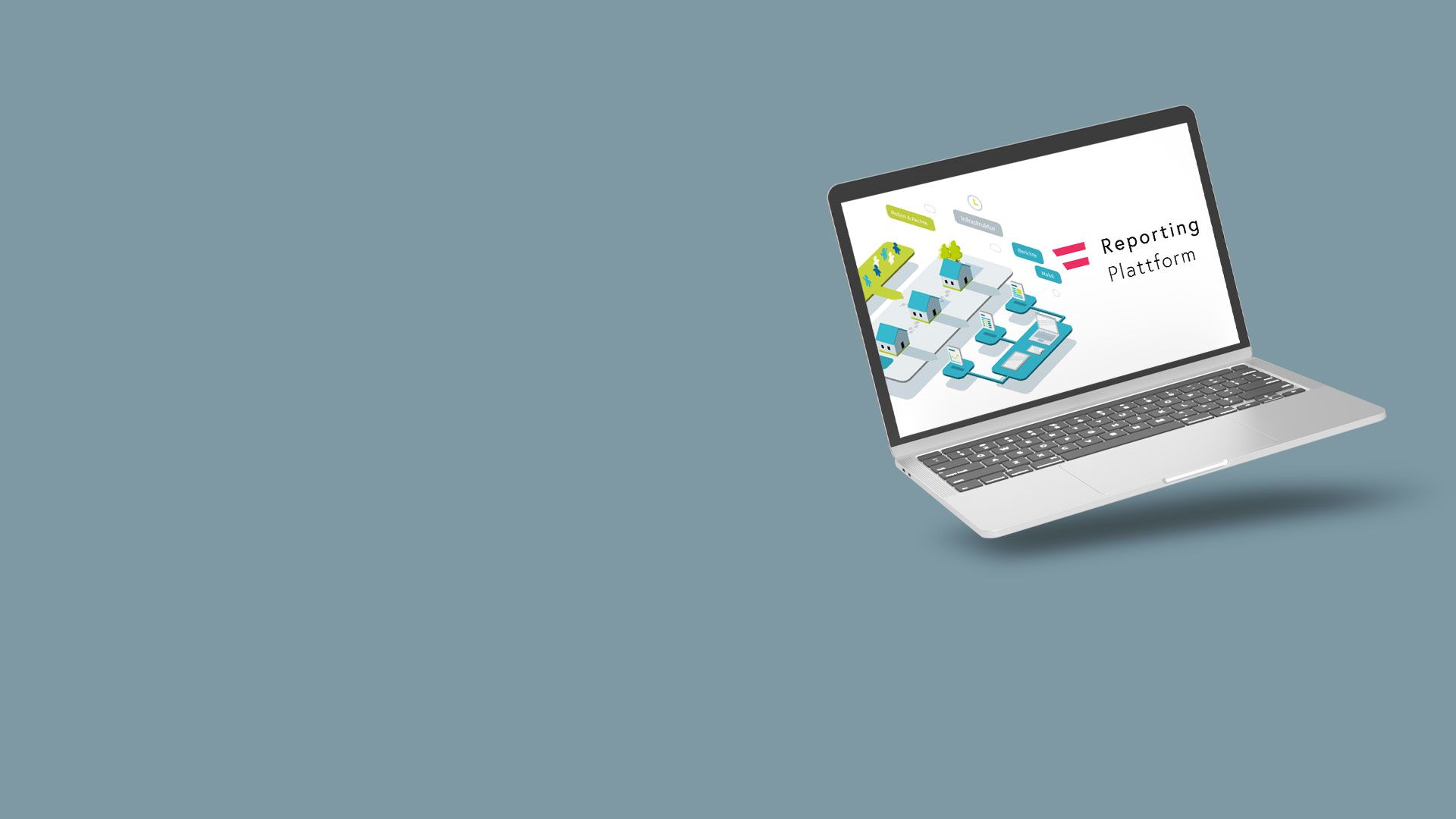 Laptop mit geöffneter Anzeige der Reporting Plattform, umgeben von kleinen 3D-Illustrationen auf dunkelgrauem Hintergrund