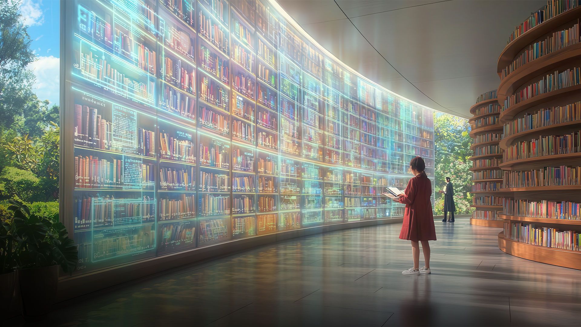 Person in rotem Mantel liest Buch vor einer großen, gebogenen digitalen Bücherwand in moderner Bibliothek