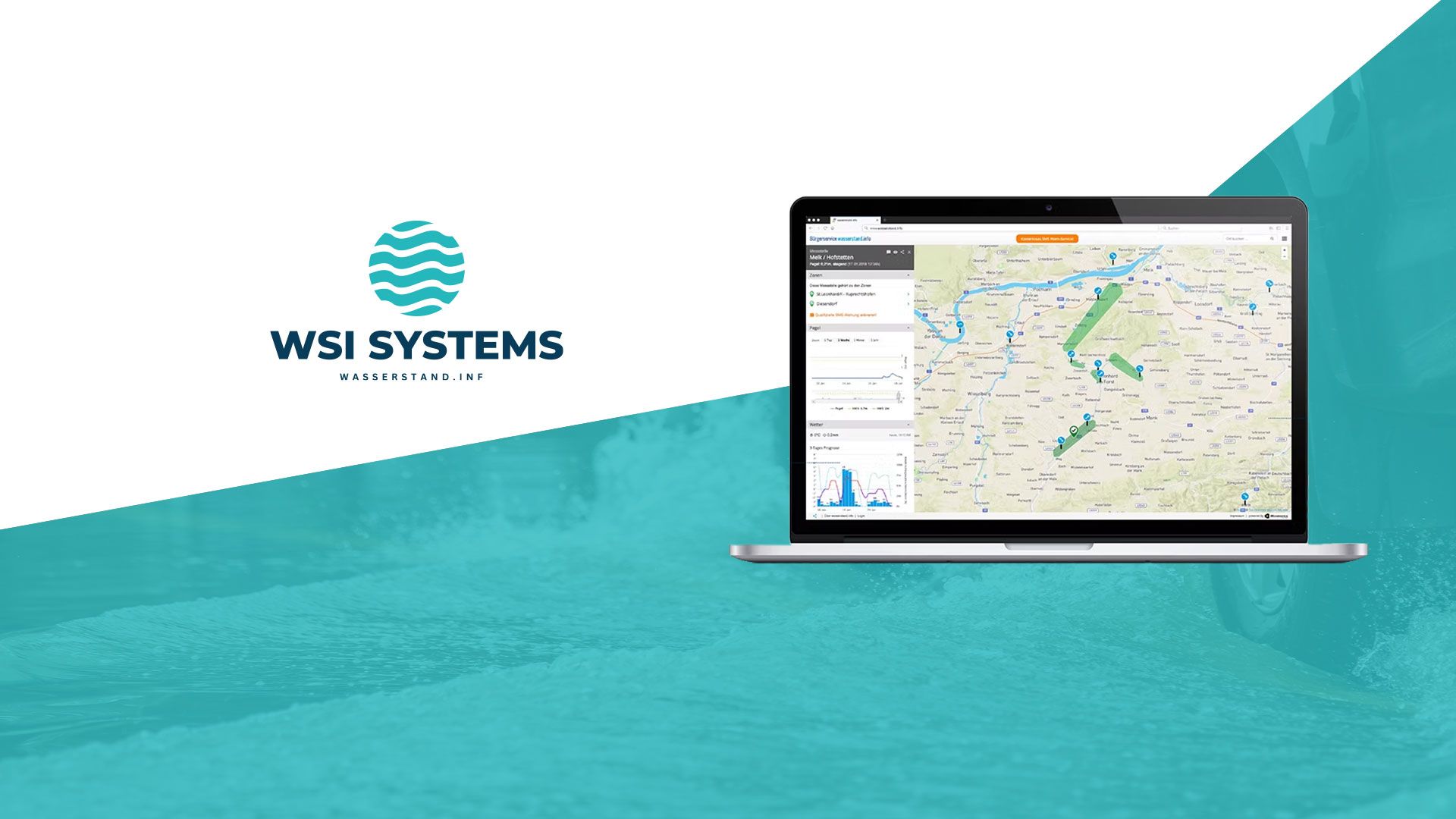 Laptop mit einer Karte und Diagrammen auf dem Bildschirm, links das Logo 'WSI SYSTEMS' mit Wellenmuster.