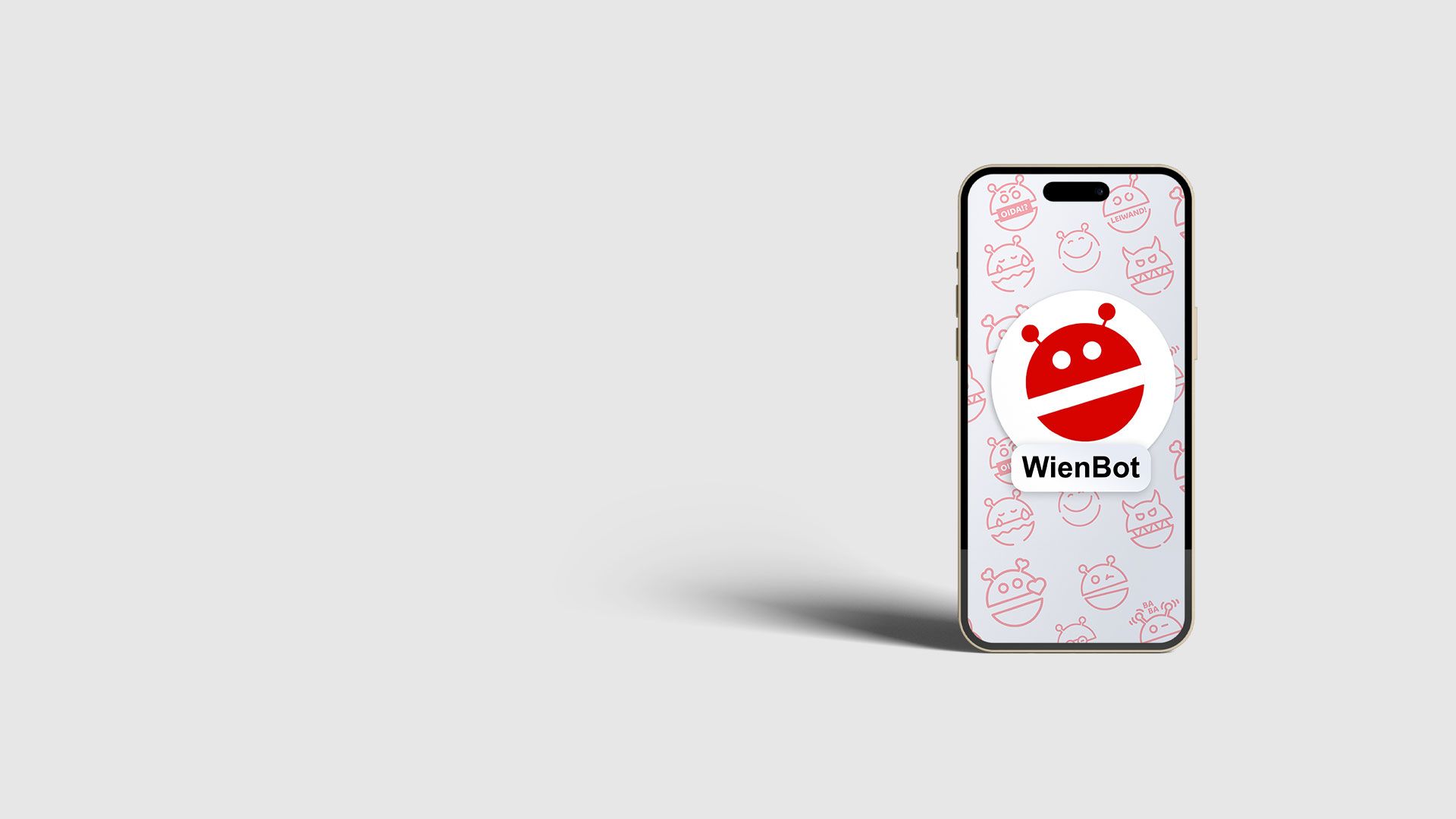 Smartphone mit WienBot-Logo, roter stilisierter Roboterkopf und Schriftzug 'WienBot' auf weißem Hintergrund mit roten Roboter-Skizzen.
