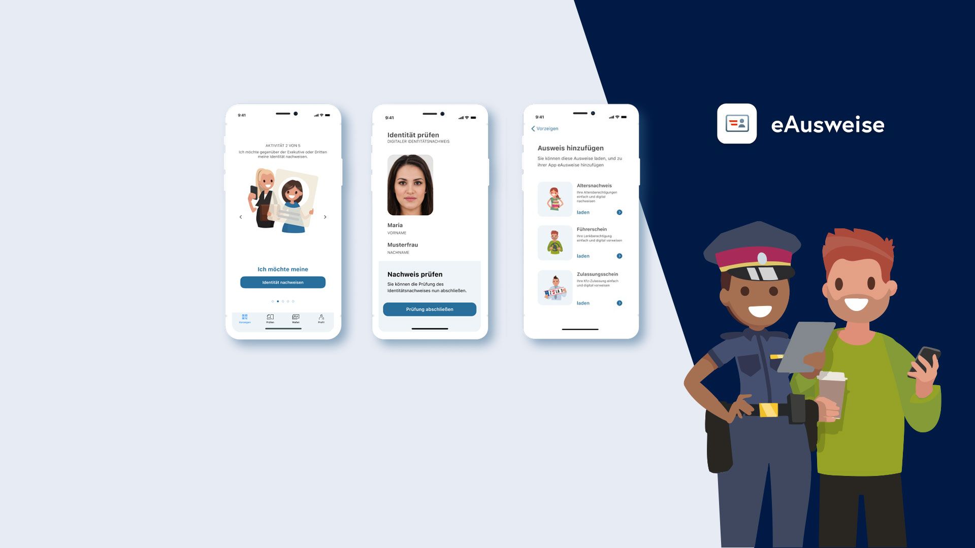Illustration eines Polizisten und einer Person mit Kaffeebecher und Smartphone, darüber das Wort 'eAusweise' und ein Ausweissymbol