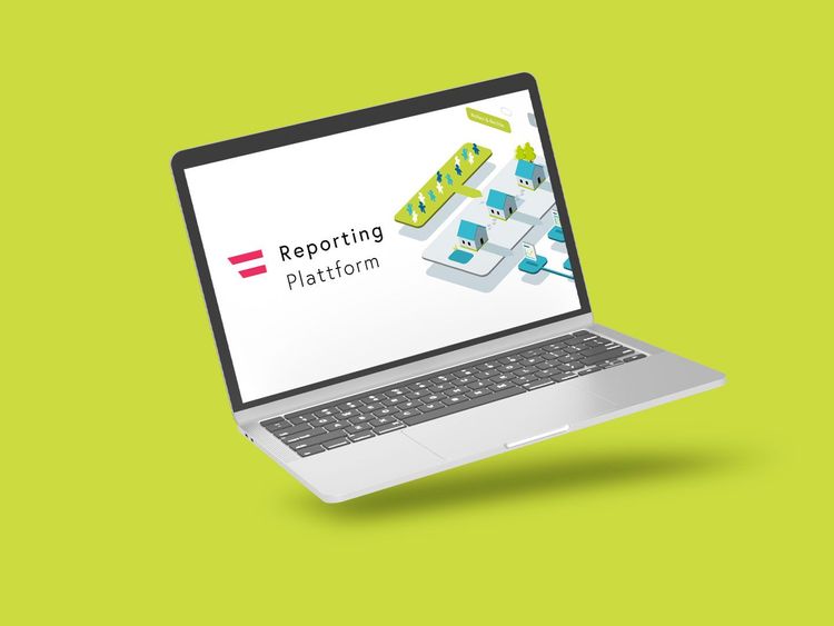 Laptop mit geöffneter Anzeige der Reporting Plattform, umgeben von kleinen 3D-Illustrationen auf grünem Hintergrund