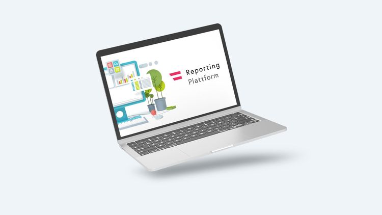 Laptop mit geöffneter Anzeige der Reporting Plattform, umgeben von kleinen 3D-Illustrationen auf grauem Hintergrund