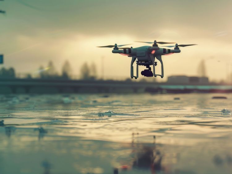 Drohne fliegt knapp über Wasseroberfläche bei Sonnenuntergang mit unscharfem Stadtbild im Hintergrund