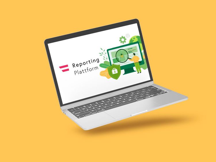 Laptop mit geöffneter Anzeige der Reporting Plattform, umgeben von kleinen 3D-Illustrationen auf gelbem Hintergrund