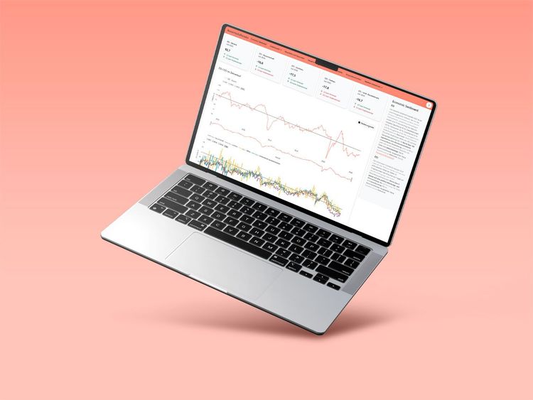 Ein silbernes Laptop zeigt ein Datendashboard mit Linien- und Balkendiagrammen sowie Textinformationen auf dem Bildschirm