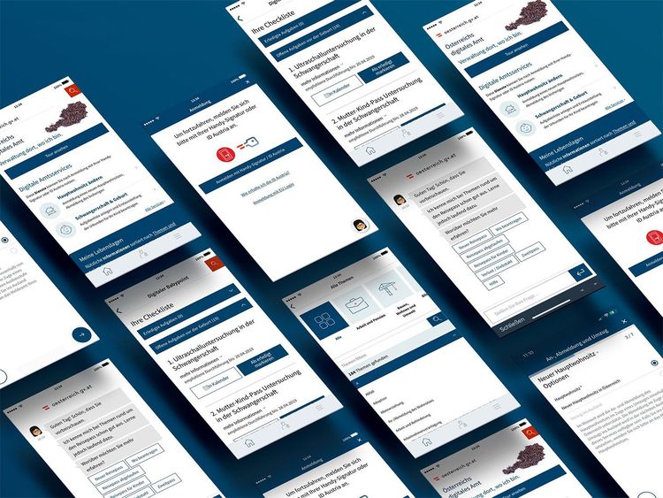 Mehrere Bildschirmansichten einer App mit Checklisten, Texten und Chat-Dialogen auf blauem Hintergrund