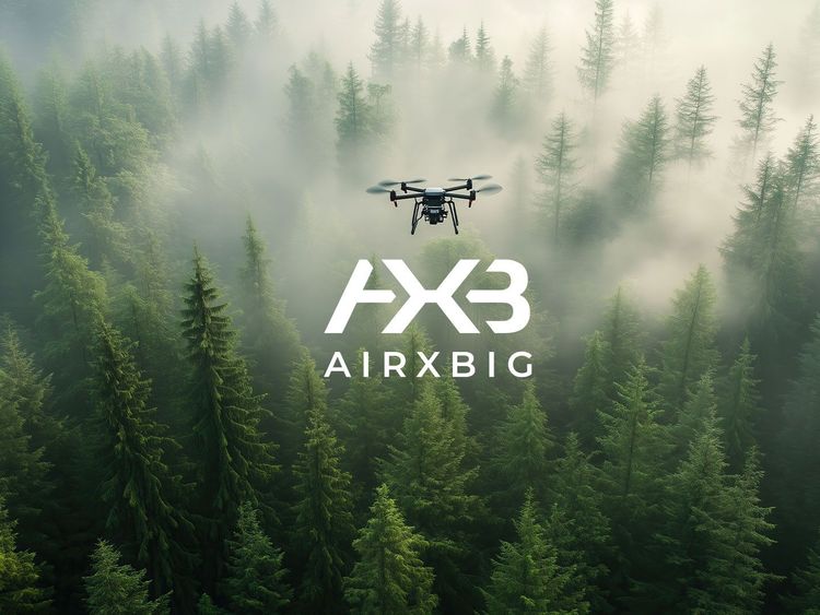 Drohne fliegt über nebelverhangenen Nadelwald mit dem Schriftzug 'AX3 AIRXBIG' in der Bildmitte