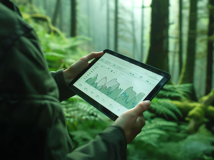 Person hält Tablet mit Diagrammen und Daten in einem grünen Wald