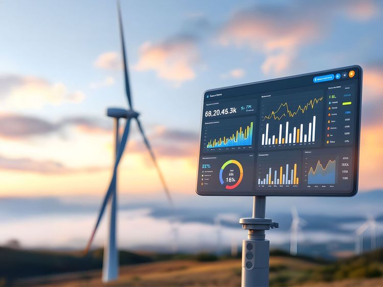 Windkraftanlage vor Sonnenuntergang mit digitalem Dashboard, das Energieerzeugung und Leistungsdaten anzeigt