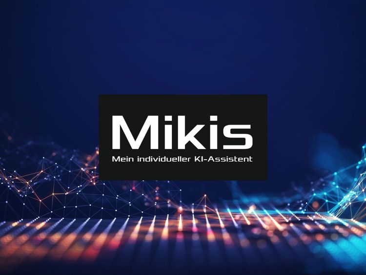 Logo von Mikis mit dem Text 'Mein individueller KI-Assistent' vor einem abstrakten, leuchtenden Netzwerk-Hintergrund