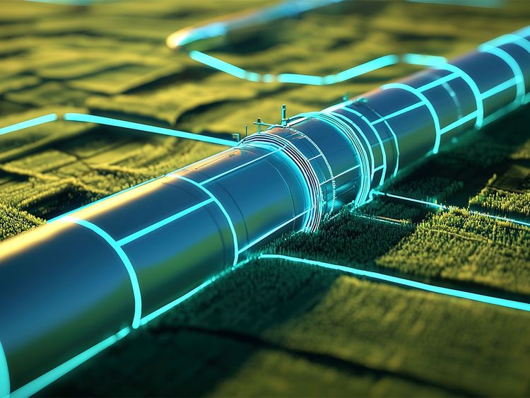 Digitale Darstellung einer Pipeline mit leuchtenden blauen Linien auf einer grünen Landschaft