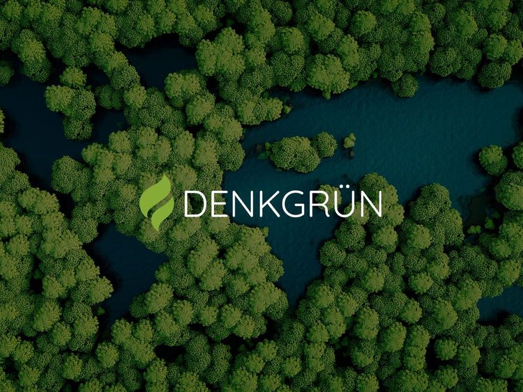 Dichter grüner Sumpf mit Wasserflächen, darüber das Logo von DENKGRÜN mit grünem Blatt-Symbol