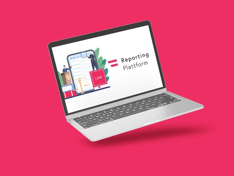 Laptop mit geöffneter Anzeige der Reporting Plattform, umgeben von kleinen 3D-Illustrationen auf pinkem Hintergrund