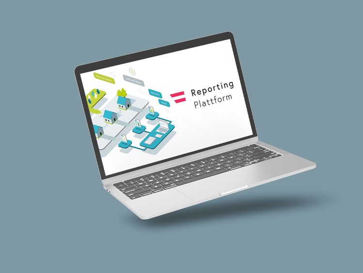 Laptop mit geöffneter Anzeige der Reporting Plattform, umgeben von kleinen 3D-Illustrationen auf dunkelgrauem Hintergrund
