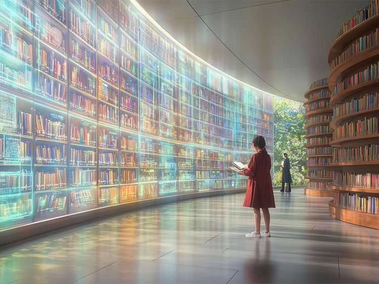 Person in rotem Mantel liest Buch vor einer großen, gebogenen digitalen Bücherwand in moderner Bibliothek