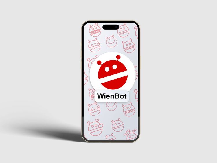 Smartphone mit WienBot-Logo, roter stilisierter Roboterkopf und Schriftzug 'WienBot' auf weißem Hintergrund mit roten Roboter-Skizzen.