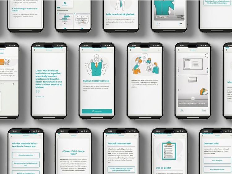 Mehrere Smartphones zeigen verschiedene Bildschirme einer App mit Texten, Illustrationen und Diagrammen zur Selbstkontrolle.