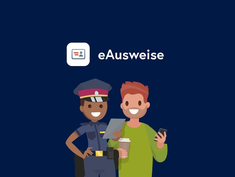 Illustration eines Polizisten und einer Person mit Kaffeebecher und Smartphone, darüber das Wort 'eAusweise' und ein Ausweissymbol