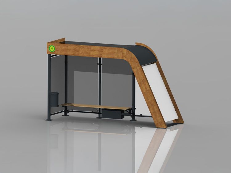 Moderne Bushaltestelle mit geschwungener Dachform, Holzverkleidung, Sitzbank und Abfallbehälter. Seitenwände aus transparentem Material.